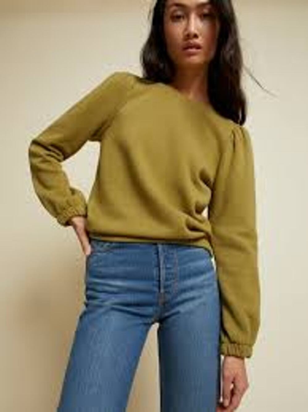 Nation LTD Womens Daryl Sweatshirt Puff Sleeves Feminine Olive Basics Medium